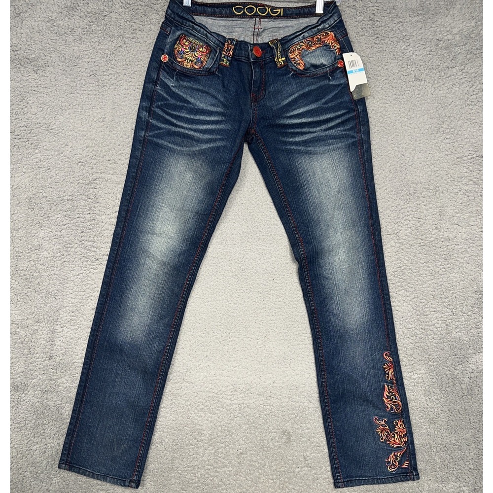 NOS Coogi Jeans Women Sz 9/10‎ Blue Denim Fade Red Stitch Embroider Pockets NWT